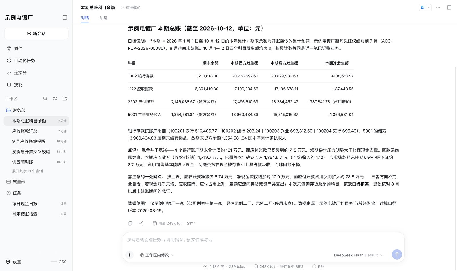 Agent 用财务连接器查出本期银行存款、应收、应付与收入,并点评回款情况